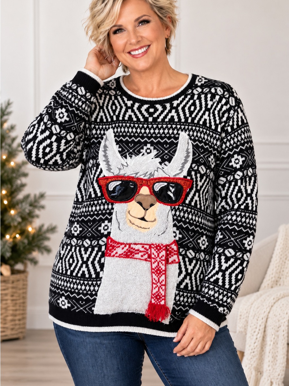 Holiday Time Sweater Size 2XL Black White Red Llama With Sunglasses And 3D Scarf